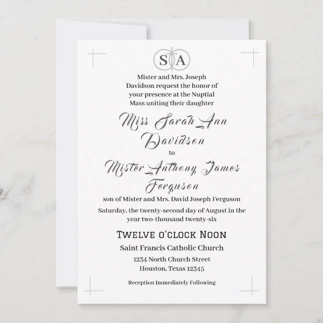 Traditional Catholic Monogram Wedding Invitation (Front)