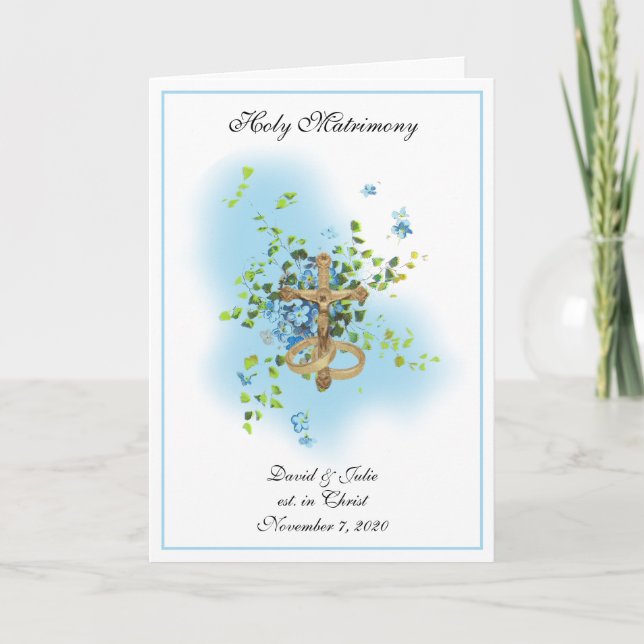 Traditional Catholic Religious Blue Floral Wedding Invitation (Front)