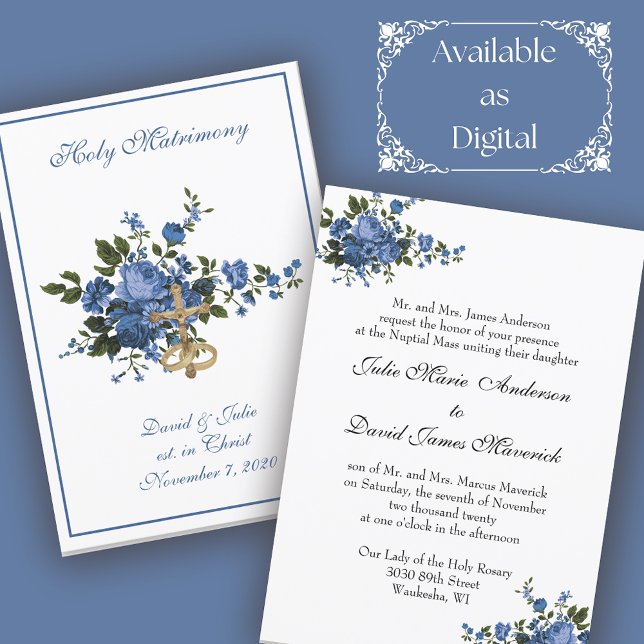 Traditional Catholic Religious Blue Roses Wedding Invitation (Creator Uploaded)