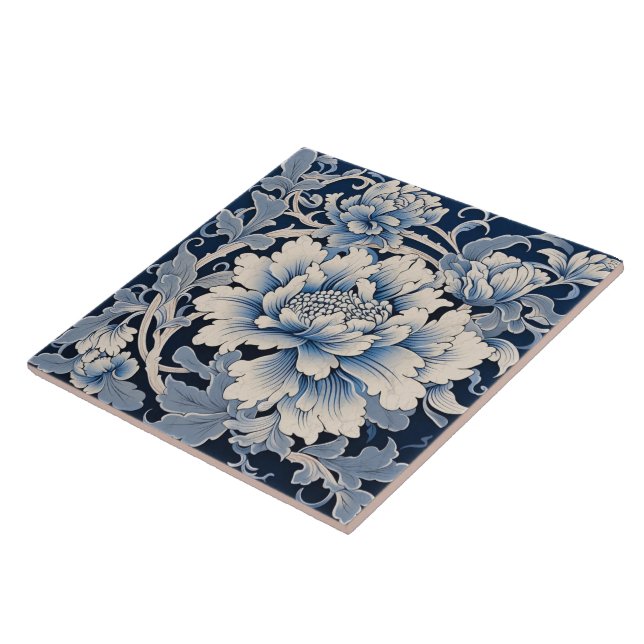 Traditional China Blue Ink Chrysanthemum Ceramic Tile (Side)