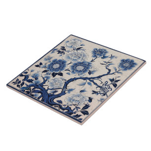 Traditional China Blue Ink Flower Art 2 Ceramic Tile