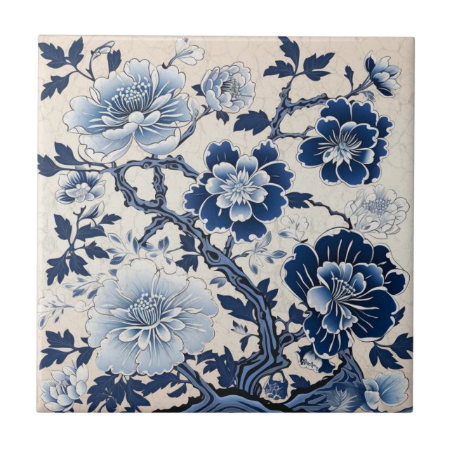 Traditional China Blue Ink Flower Art Ceramic Tile (Front)
