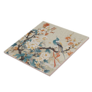 Traditional China Orange Ink Bird And Flower Ceramic Tile