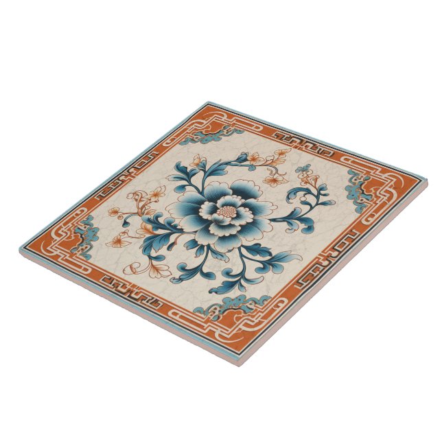 Traditional China Orange Ink Flower Art 3 Ceramic Tile (Side)