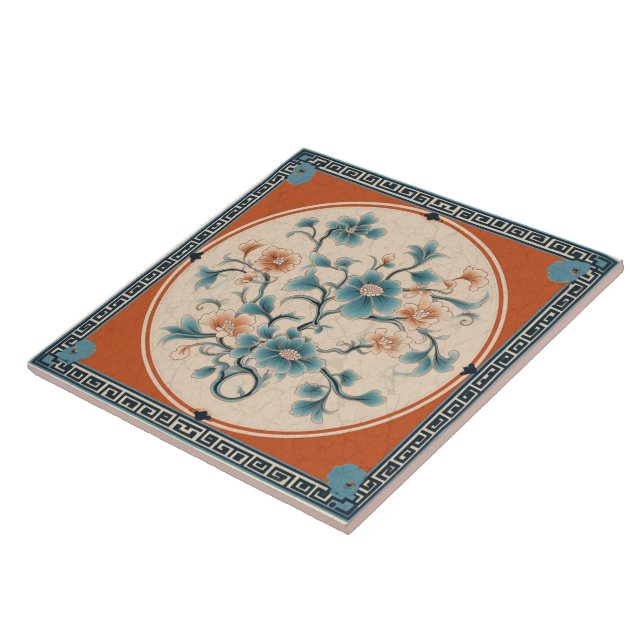 Traditional China Orange Ink Flower Art 5 Ceramic Tile (Side)