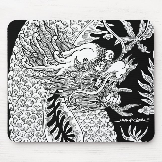 Traditional Chinese Dragon Black and White Sketch Mouse Pad (Front)