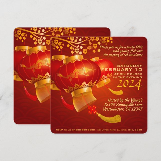 Traditional Chinese New Year Dragon Party SqIn Save The Date (Front/Back)