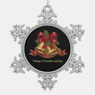 Traditional Christmas Bells & Holly Holiday Greeti Snowflake Pewter Christmas Ornament