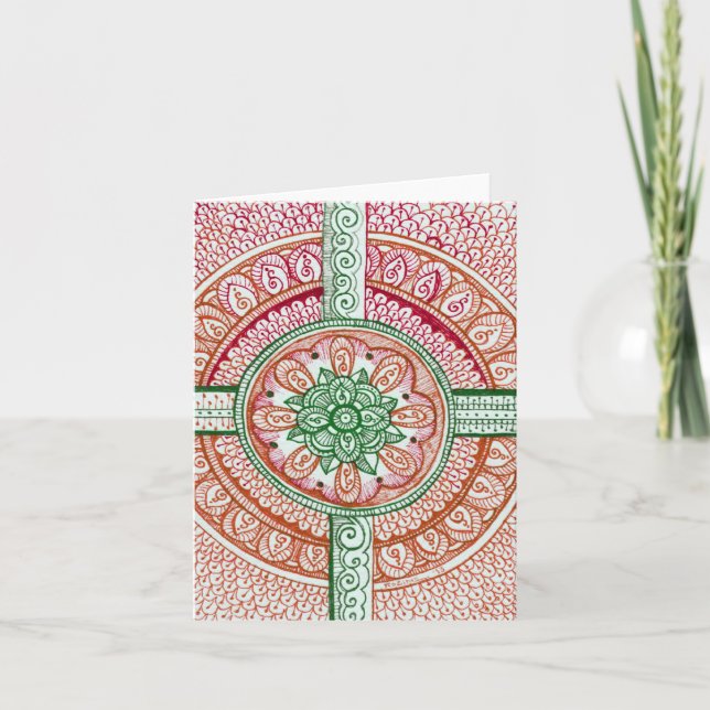 Traditional Christmas Colours Damask Indian Mandal Holiday Card (Front)