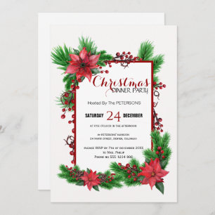 Traditional Christmas dinner party red poinsettia Invitation