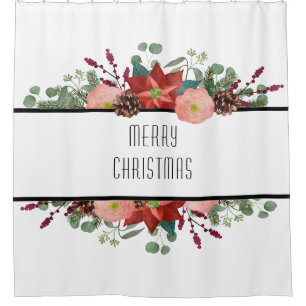 Traditional Christmas Floral Merry Christmas Type Shower Curtain