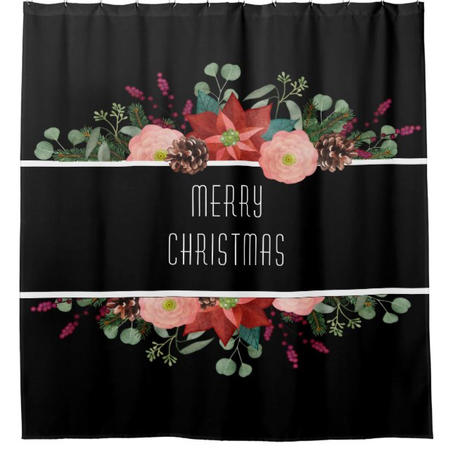 Traditional Christmas Floral on Black Background Shower Curtain (Front)