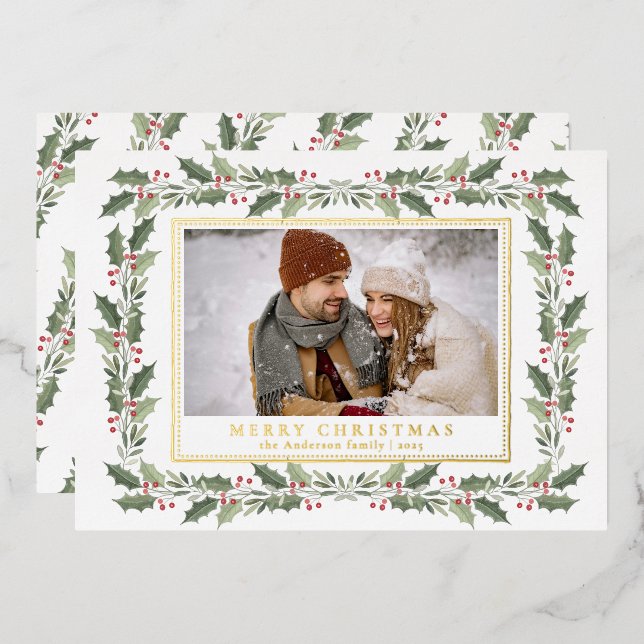 Traditional Christmas Holly Berries & Family Photo Foil Holiday Card (Front/Back)