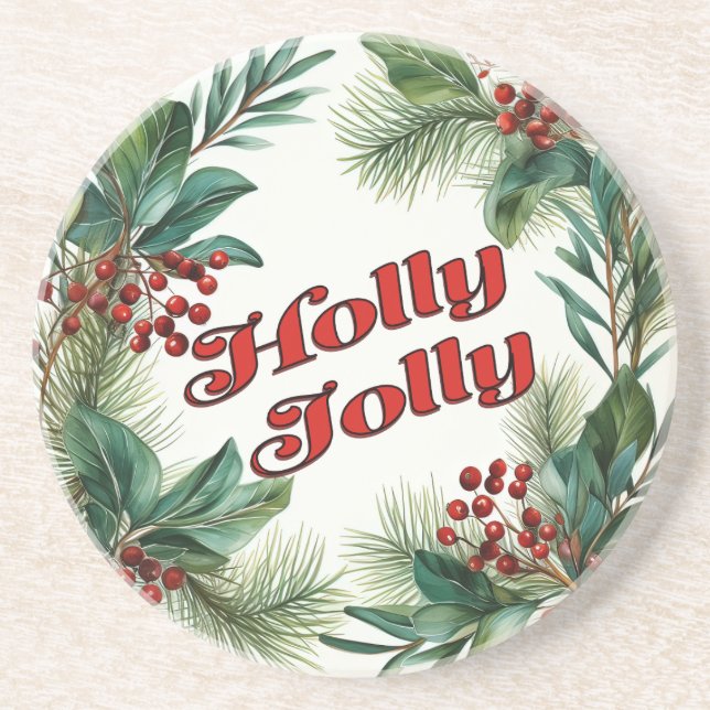 Traditional Christmas "Holly Jolly" Script  Coaster (Front)