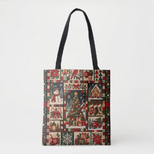 Traditional Christmas Patchwork Quilt Holiday Scen Tote Bag