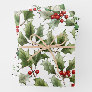 Traditional Christmas Pattern Mix, Holly Wrapping Paper Sheet
