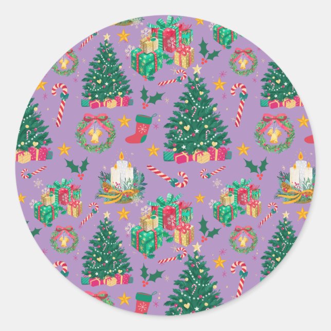 Traditional Christmas Pattern Purple Classic Round Sticker (Front)