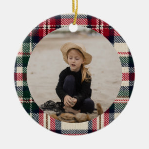 Traditional Christmas Plaid Nostalgic Tartan Photo Ceramic Ornament