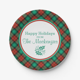 Traditional Christmas Plaid Pattern Personalized Paper Plate