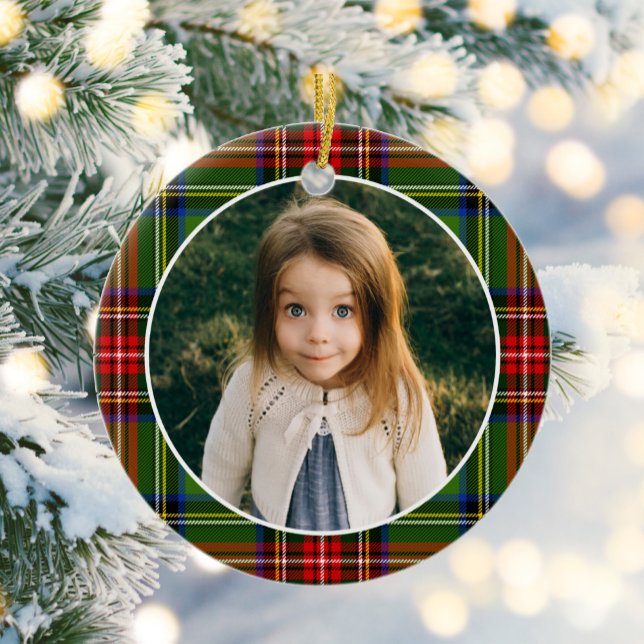 Traditional Christmas Plaid Photo Ceramic Ornament (Creator Uploaded)