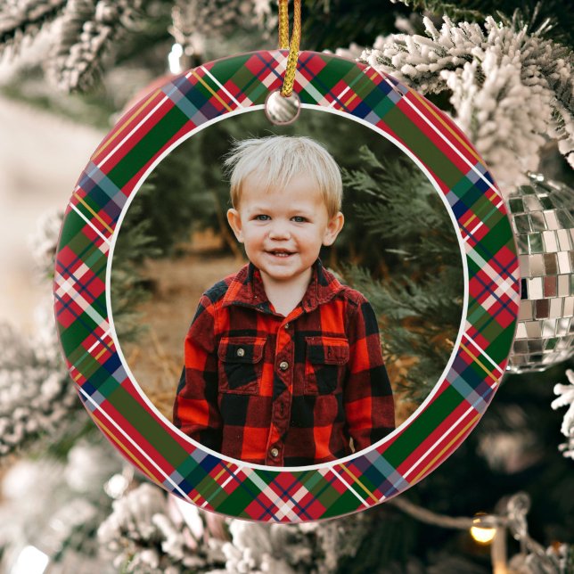 Traditional Christmas Plaid Photo Ceramic Ornament (Creator Uploaded)