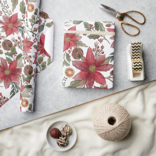 Traditional Christmas Poinsettia Botanical Pattern Wrapping Paper