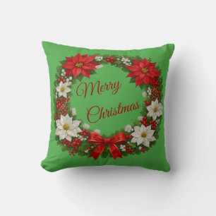 Traditional Christmas Poinsettia Floral Wreath Cushion