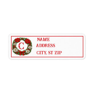 Traditional Christmas Poinsettia Wreath Monogram Return Address Label