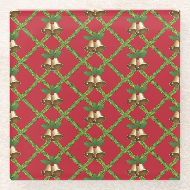 Traditional Christmas red and green jingle bells Glass Coaster (Front)