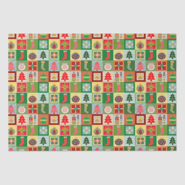 Traditional Christmas Red Green Quilting Pattern Tissue Paper (Front)
