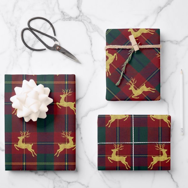 Traditional Christmas Reindeer Plaid Wrapping Paper Sheet (Front)