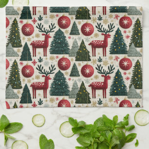 Traditional Christmas Reindeer Tree Pattern Tea Towel