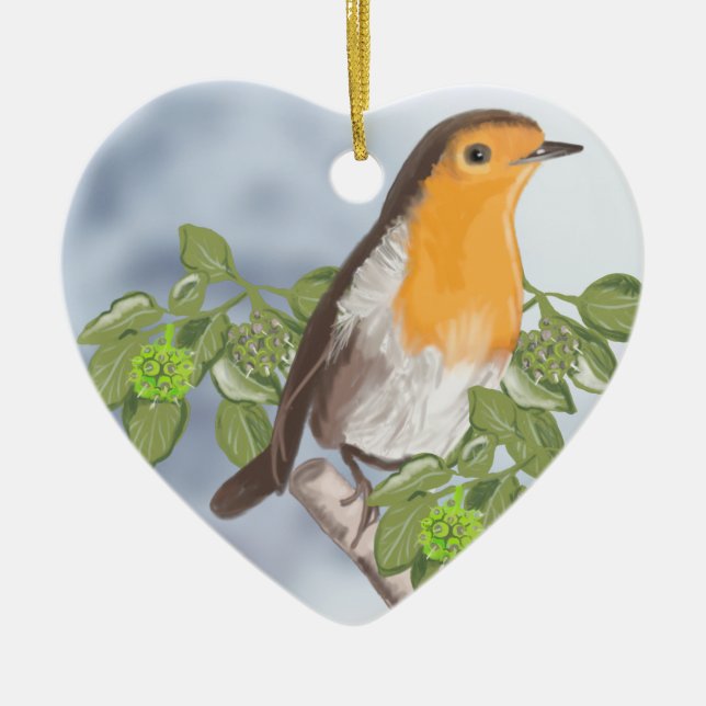 Traditional Christmas Robin and Ivy Ceramic Ornament (Front)