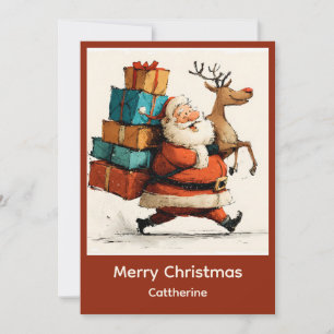 Traditional Christmas Santa Claus with Reindeer Holiday Card