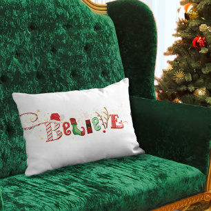 Traditional Christmas Spirit BELIEVE Typography Lumbar Cushion