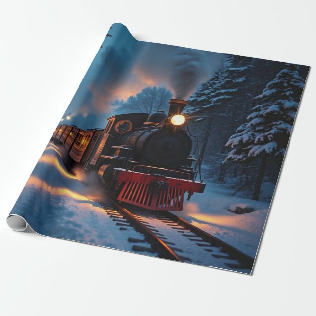 Traditional Christmas Steam Train Winter Landscape Wrapping Paper (Unrolled)
