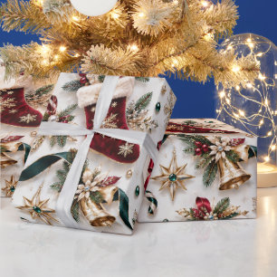 Traditional Christmas Stocking Ribbon Wrapping Paper