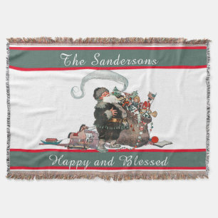 Traditional Christmas Vintage Santa Family Name Throw Blanket