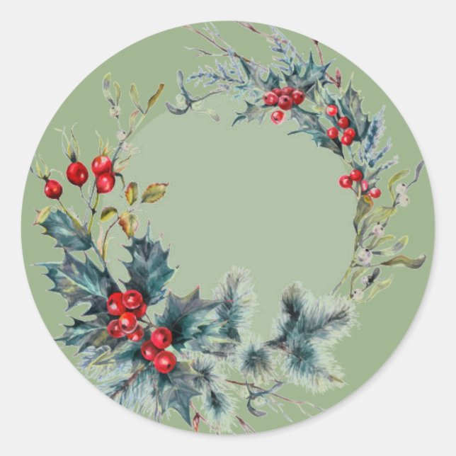 Traditional Christmas Wreath  Classic Round Sticker (Front)