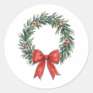 Traditional Christmas Wreath with Red Bow Watercol Classic Round Sticker