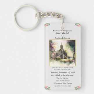 Traditional Church Watercolour Wedding Invite Key Ring