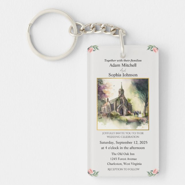 Traditional Church Watercolour Wedding Invite Key Ring (Front)