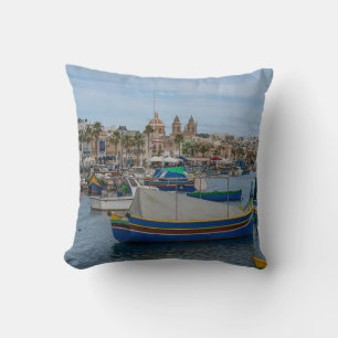 Traditional colorful fishing boats in Malta Cushion