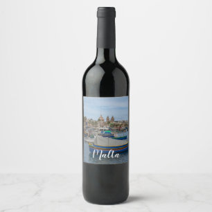 Traditional colorful fishing boats in Malta Wine Label