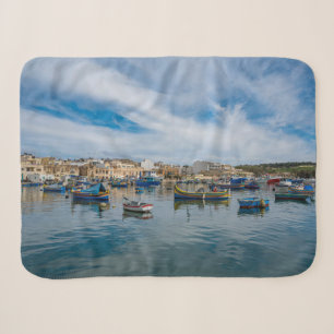 Traditional colorful fishing boats in the harbor sherpa blanket