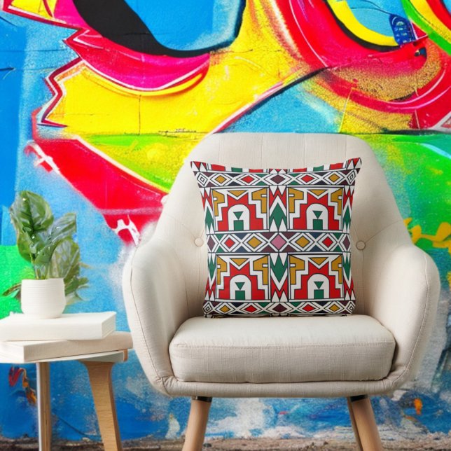 Traditional Colourful African Tribe Native Art  Cushion (Traditional Colorful African Tribe Native Art Throw Pillow On A Chair Colorful Backdrop)