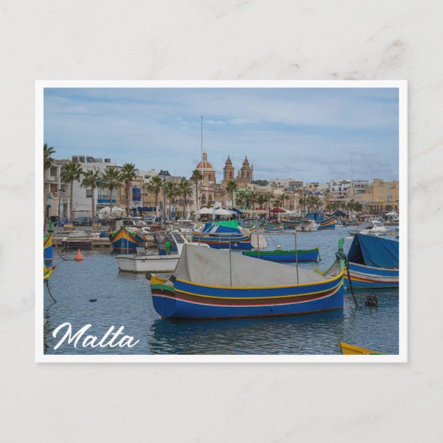 Traditional colourful fishing boats in Malta Postcard (Front)