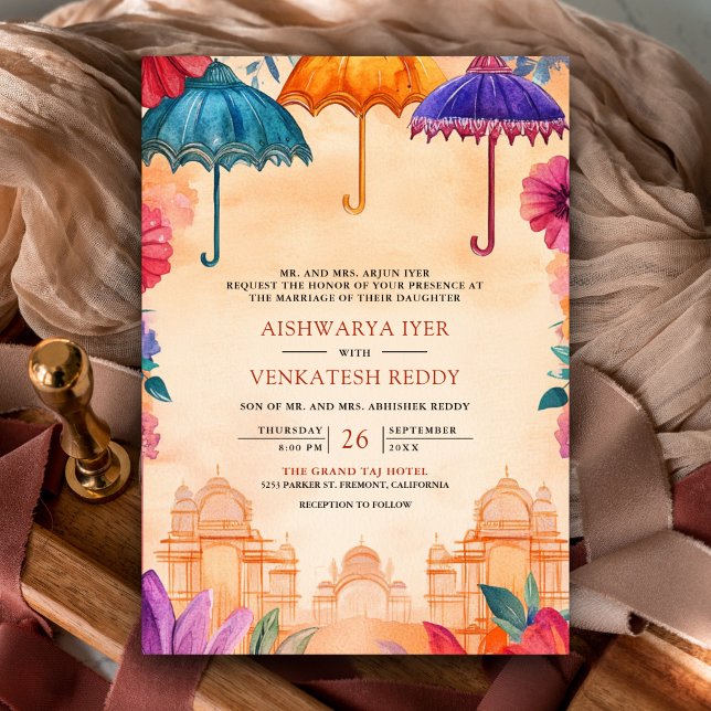 Traditional Colourful Umbrellas Indian Wedding Invitation (Creator Uploaded)
