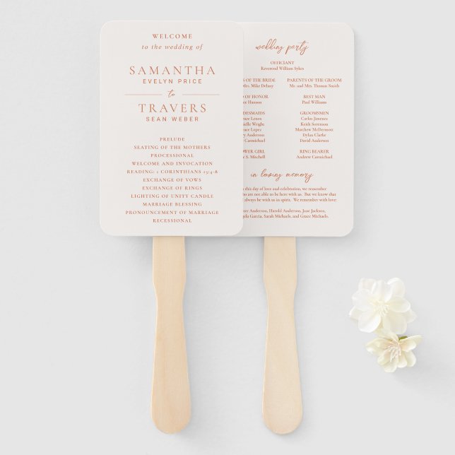 Traditional Copper Elegant Wedding Program Hand Fan (Front and Back)