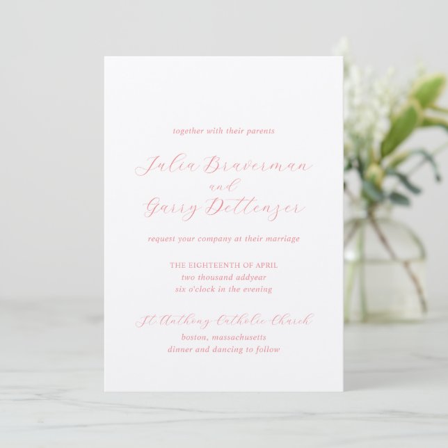 Traditional Coral Pink Elegant Wedding Invitation (Standing Front)